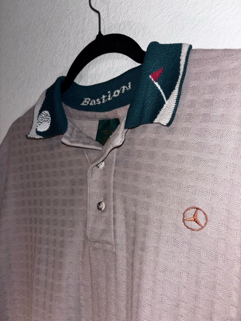 Charles Bastion Golf Polo in Tan with green Collar, golf details, Mercedes logo